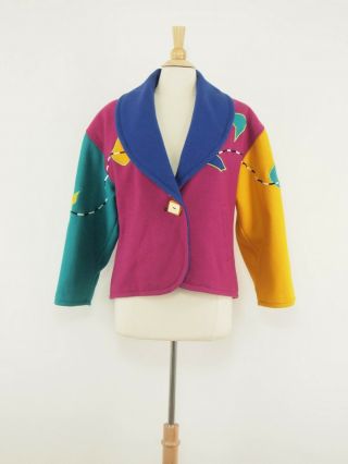 1980s Cindy Owings Designs Vintage Colorful Wool Shawl Collar Jacket M