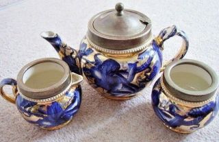 Antique England Porcelain Blue And White Highly Gilt Tea Set;tea Pot,  Jug,  Bowl