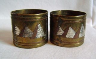 Two Antique Brass Copper & Silver Napkin Rings: Egyptian Sphinx Pyramid Snakes