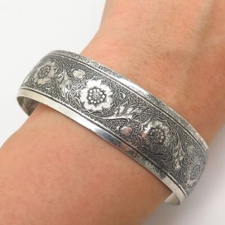 925 Sterling Silver Antique Danecraft Poppy Flower Design Cuff Bracelet 7 1/4 "