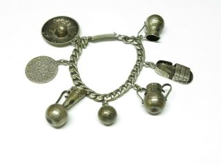 Vintage Big Heavy Mexico Taxco Sterling Silver Charm Bracelet 8 3/4 "