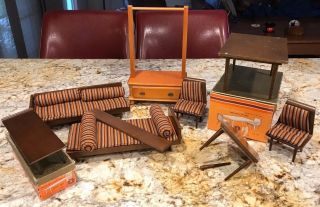 Mid Century Modern Wooden & Upholstered 1950s Doll Furniture Barbie With Boxes