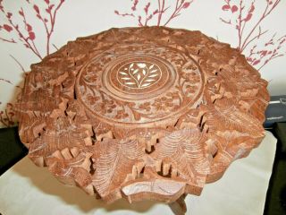 Vintage Indian Hand Carved Folding Wooden Table Or Plant Stand 12 " Diameter (31)