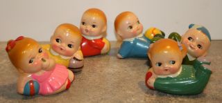 Vintage Hand Painted Terra Cota Ceramic Babies Pencil Sharpener Baby Set Of 6