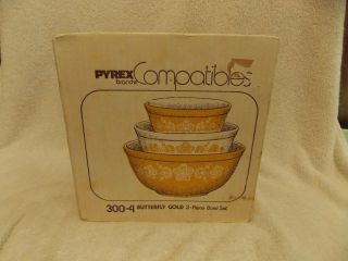 3 Vintage Pyrex Butterfly Gold Mixing Bowls In Opened Box 300 - 4