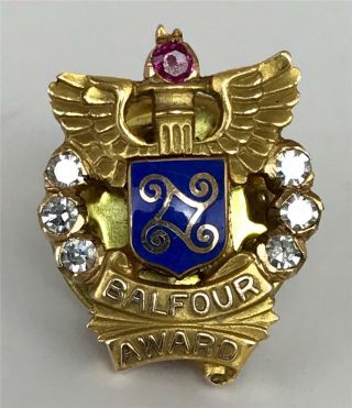 Vintage Balfour Award 10k Gold Diamonds Ruby Service Recipient Lapel Pin Brooch