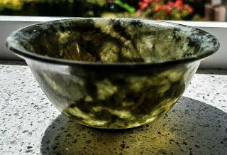 Antique Chinese Spinach Jade Finger Bowl Translucent Green White 2