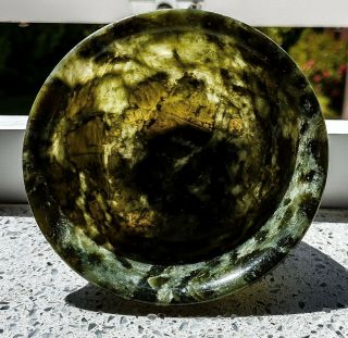 Antique Chinese Spinach Jade Finger Bowl Translucent Green White 3