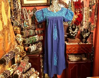Vintage Mexican Oaxacan Blue With Turquoise Embroidery Dress Size S