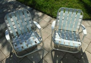 Vintage Aluminum Webbed Folding Lawn Beach Chair Set Of 2