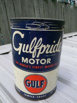 Vintage Gulf Motor Oil Can Big 5qt Advertising Service Gas Station Garage Ratrod