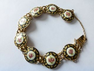 Vintage Damascene Arita Toshikane Hand Painted Porcelain Panel Linked Bracelet