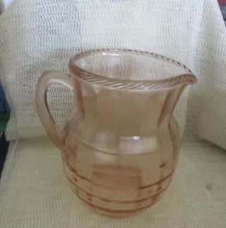 Rare.  Vintage Block Optic.  8.  25 " Pink Rope Edge Depression Glass Tea Pitcher