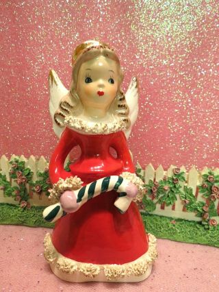 Vtg Christmas Red Angel Girl Bell Holds Green Striped Candy Cane Ucagco Japan
