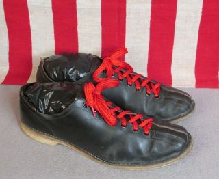 Vintage 1960s Mens Black Leather Bowling Shoes Double - Toe Front Size 10.  5
