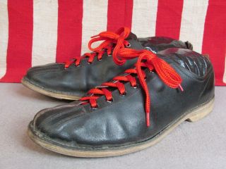 Vintage 1960s Mens Black Leather Bowling Shoes Double - Toe Front Size 10.  5 4