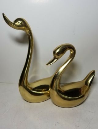Set Of 2 Large Solid Brass Swans Geese Vintage Mid Century 13 " & 9.  5 " Tall