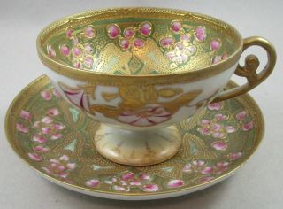 Antique Japanese Satsuma Raised Gold And Pink Flowers Cup And Saucer