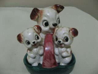 Cute Vintage Puppys In A Basket Condiment With Salt And Peppers Shakers