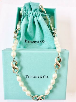 Rare Vintage Tiffany & Co.  Sterling Silver & Pearl Infinity Necklace 16 "