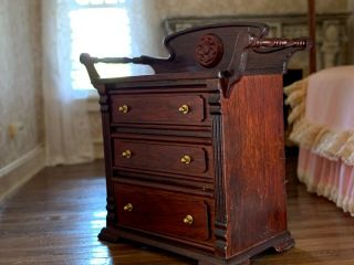 Vintage Miniature Dollhouse Artisan Cherry Wood Water Basin Stand Towel Holders 3