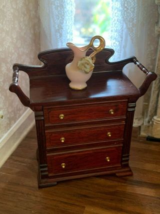 Vintage Miniature Dollhouse Artisan Cherry Wood Water Basin Stand Towel Holders 5