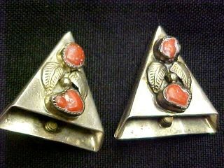 Vintage Navajo - Signed Collar Tips Sterling Silver With Coral - Cowboy 50,  Yrs