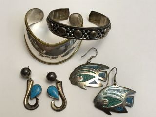 Vintage Taxco Sterling Silver Cuff Bracelets Laton & Earrings Turquoise Fish