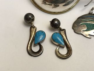 Vintage Taxco Sterling Silver Cuff Bracelets Laton & Earrings Turquoise Fish 2