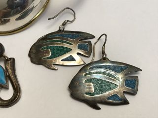 Vintage Taxco Sterling Silver Cuff Bracelets Laton & Earrings Turquoise Fish 3