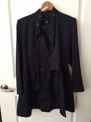 Vintage Claude Montana Italy Navy Blue Wool Military Skirt Suit Sz 44/10