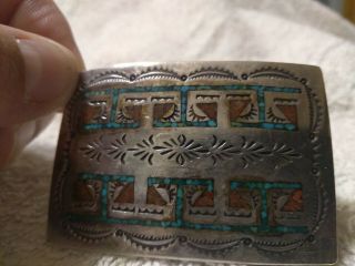 Vintage Silver Native American Chip Inlaid Turquoise Belt Buckle Signed Nakai