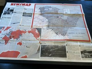 Large Wwii Vintage Newsmap - May 3,  1943 - Battle Of Tunisia