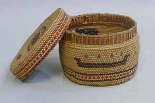 Vintage Nootka Tribal Fine Woven Cabinet Basket With Lid - Canoe Design