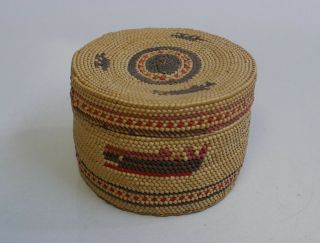 Vintage Nootka Tribal Fine Woven Cabinet Basket With Lid - Canoe Design 3