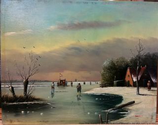 Vintage Dutch Winter Lake Scene Landscape Oil Painting Signed Breedveld