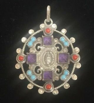 Vintage Matl Style Our Lady Of Guadalupe Sterling Silver Gemstone Pendant