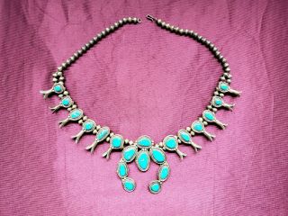 Vintage Turquoise Navajo Squash Blossom Necklace 25 " Sterling Silver