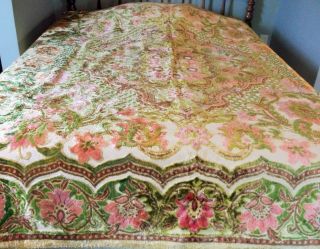 Vintage Italian Cut Velvet Peach Pink Floral Tapestry Bedspread 1950 