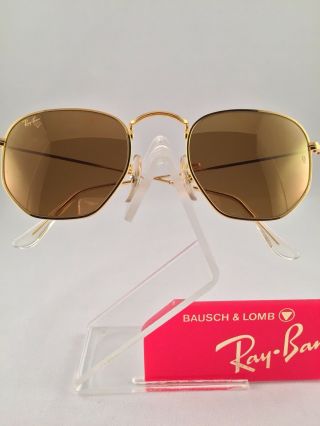 Vintage Ray Ban Bausch And Lomb Hexagon Diamond Hard Gold Mirror Lens Sunglasses