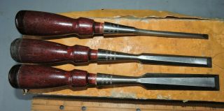 3 - Piece Vintage No.  750 Stanley Socket Chisel Set 1/4 ",  1/2,  3/4.  Wood Handles