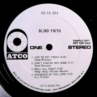 BLIND FAITH w/ERIC CLAPTON 1st ALBUM RARE ORIG ATCO WHITE LABEL PROMO LP SHRINK 9