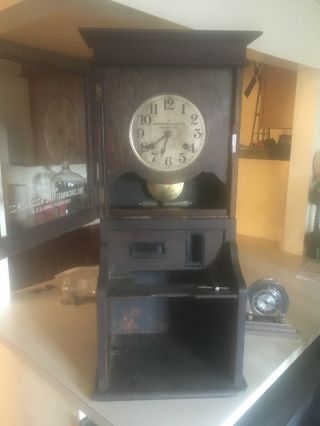 Antique Oak Cincinnati Time Recorder Company Clock That With Key