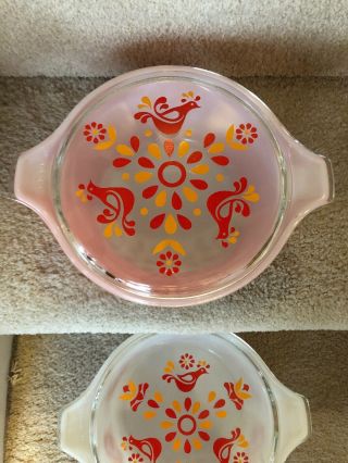 Vintage Pyrex Set of 3 Covered Casserole Dish & Pattern Lids Friendship Bird Red 3