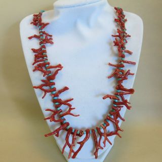 Vintage Turquoise Beads & Red Branch Coral Necklace 26 Inch [4410]