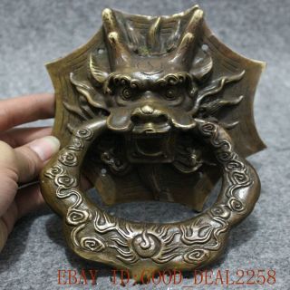 Folk Chinese Fengshui Bronze Copper Dragon Head Mask Statue Gate Door Knocker Nr