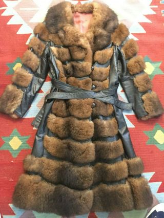 Vintage 70s Fox Fur Leather Coat Size 16 Full Length Mod Belted