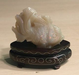 Chinese Carved Natural Opal " Fish/koi " Figurine On Wooden Base - - 85 Carats