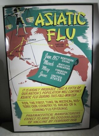 Vintage 1957 Framed Asiatic Flu Drugstore Poster Drugs Pharmacy Usa Art