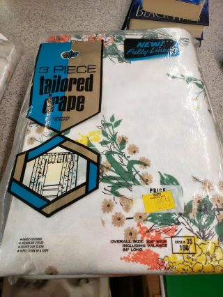 Vintage Mid Century Plastic Decorator Drapes Curtains Floral Design 3 Pc Nip